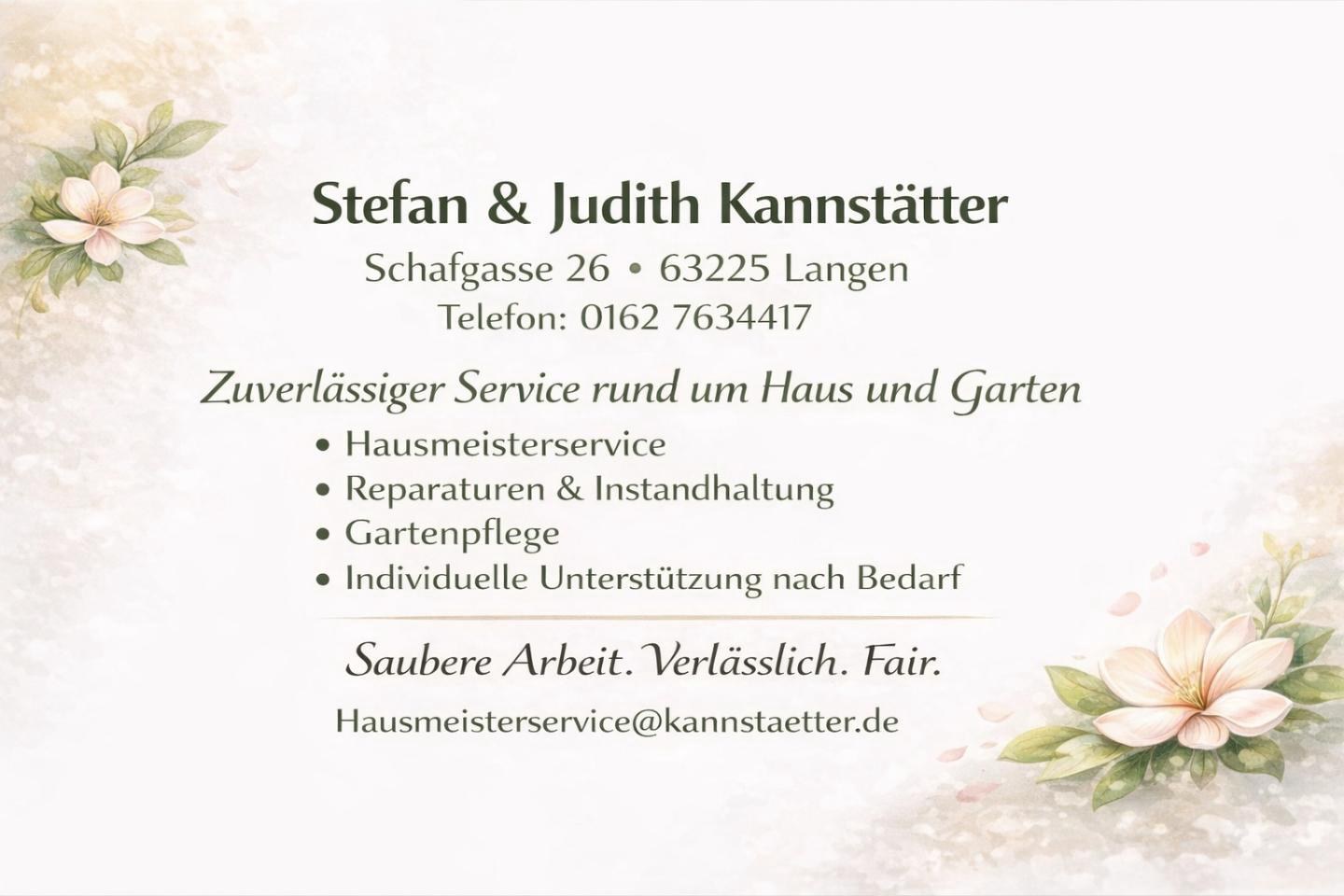 Neue Visitenkarte von Stefan und Judith Kannstätter mit Leistungen